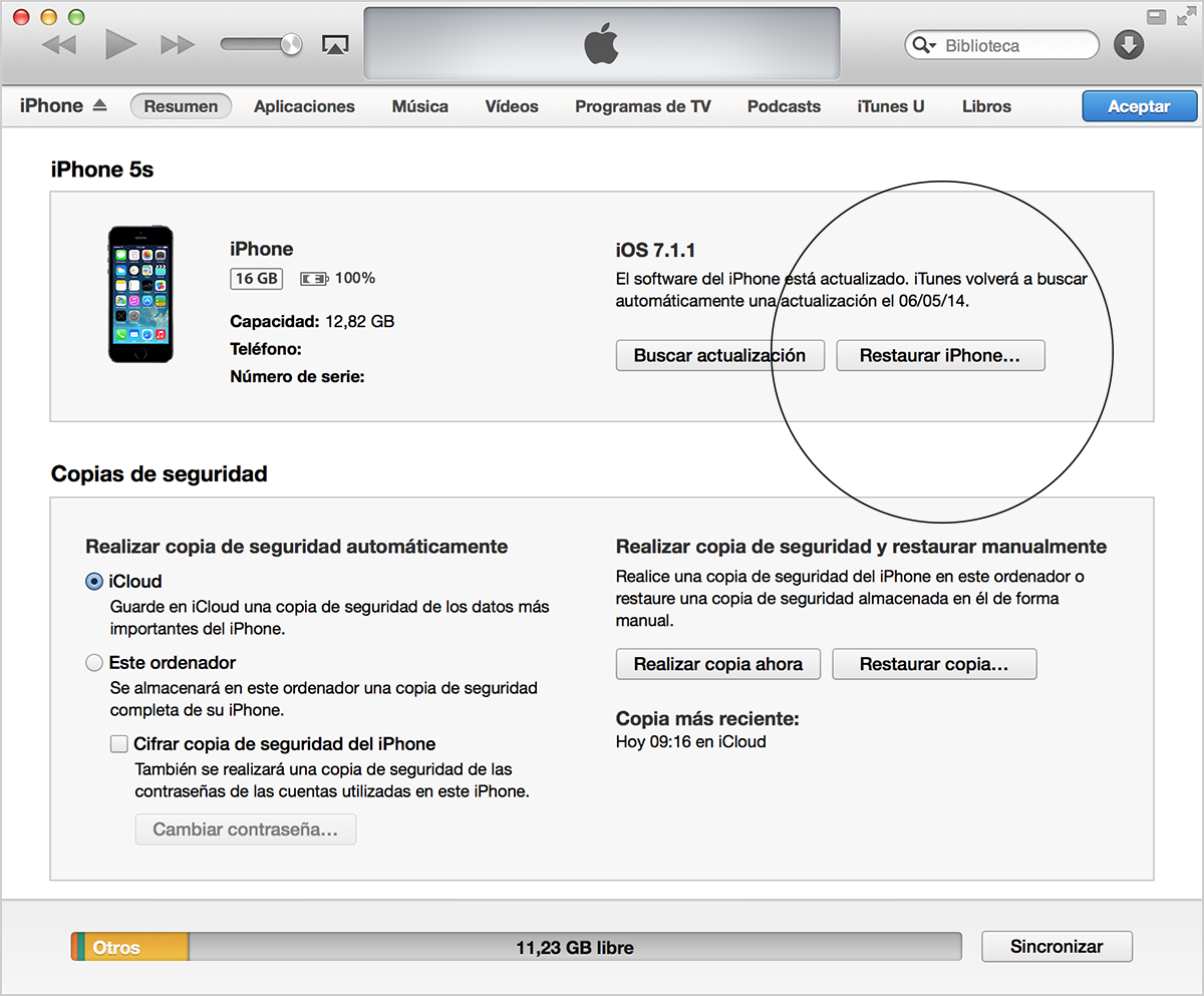 Restaura el iPhone en iTunes