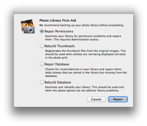 Library First Aid dialog