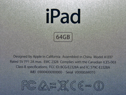 An image from Apple's website showing the model and serial numbers on the back of the iPad case