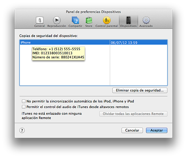Dispositivos de iTunes mostrando información acerca de un iPad Wi-Fi + 3G