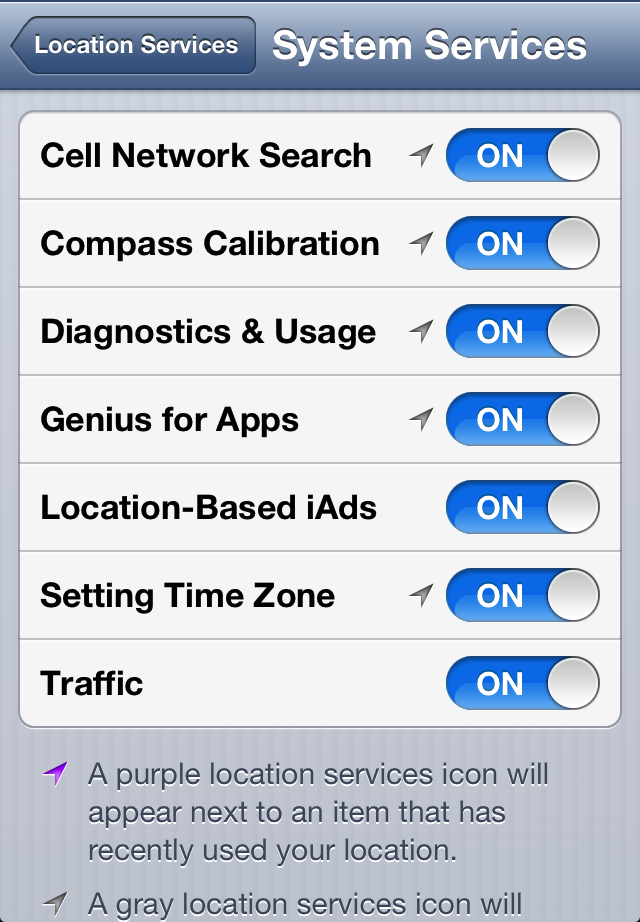 System Services scrreen in Location Services