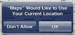 Maps would like to use your current location. Don't allow or OK.