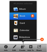 Image of Create button and Book option in pop-up menu