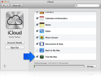 Arrow pointing to Find My Mac checkbox in iCloud preferences