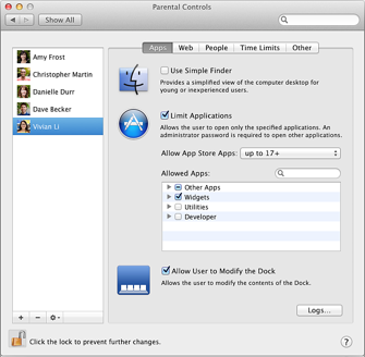 The Apps pane of Parental Controls preferences
