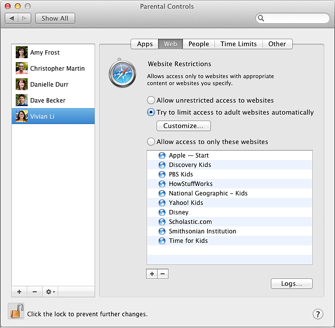 The Web pane of Parental Controls preferences