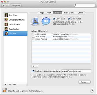 The People pane of Parental Controls preferences