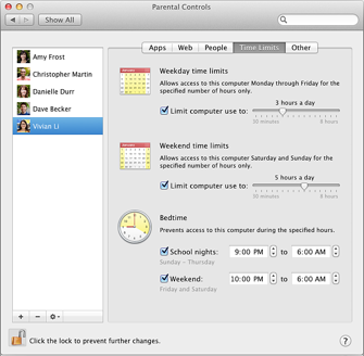 The Time Limits Pane of Parental Controls preferences