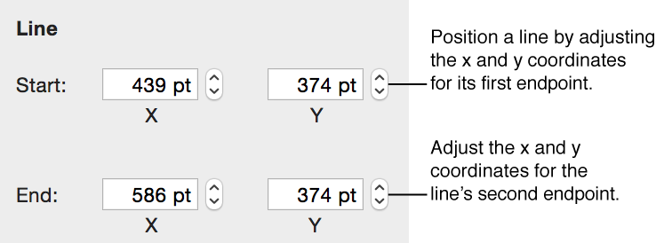 Metrics inspector showing x and y coordinates for a line's endpoints
