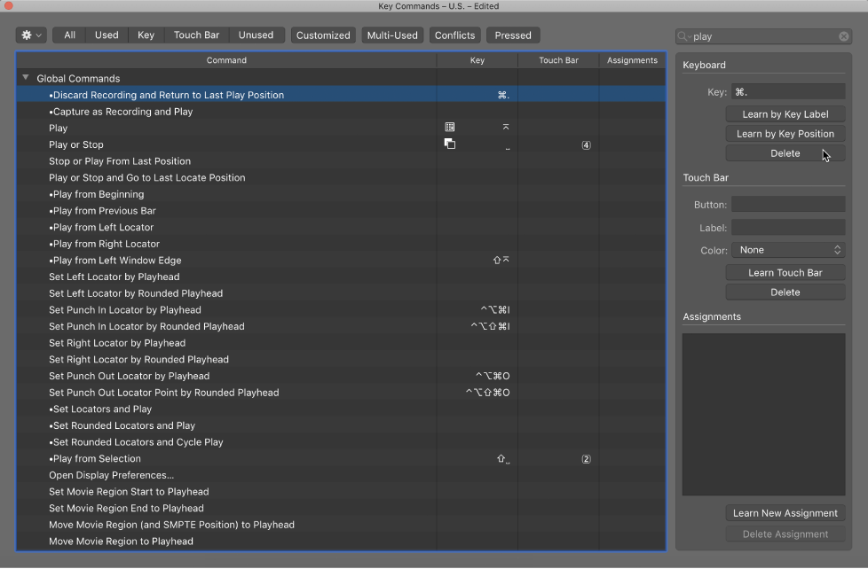 Logic Pro X Assign key commands