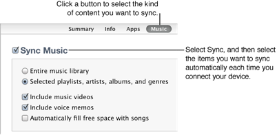 iTunes sync panel for iPod, iPhone, and iPad