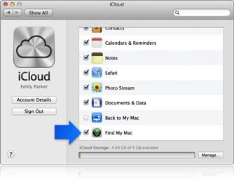Freccia che indica la casella di controllo Trova il mio Mac nelle preferenze di iCloud
