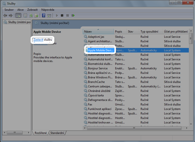 artování sluby Apple Mobile Device Service 