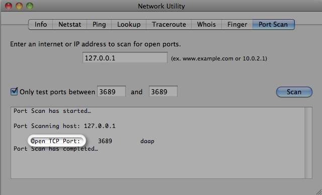 successful local test of port 3689 on Mac