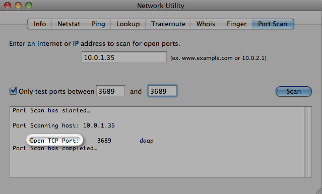 successful test of port 3689 on a destination computer on Mac