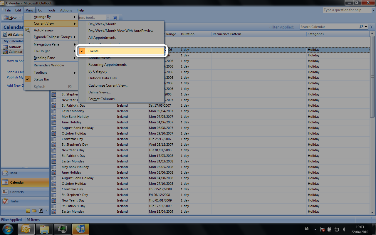 Picture of Outlook menu View > Current View > Events with events listed