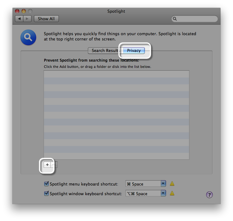 Spotlight System Preferences, privacy