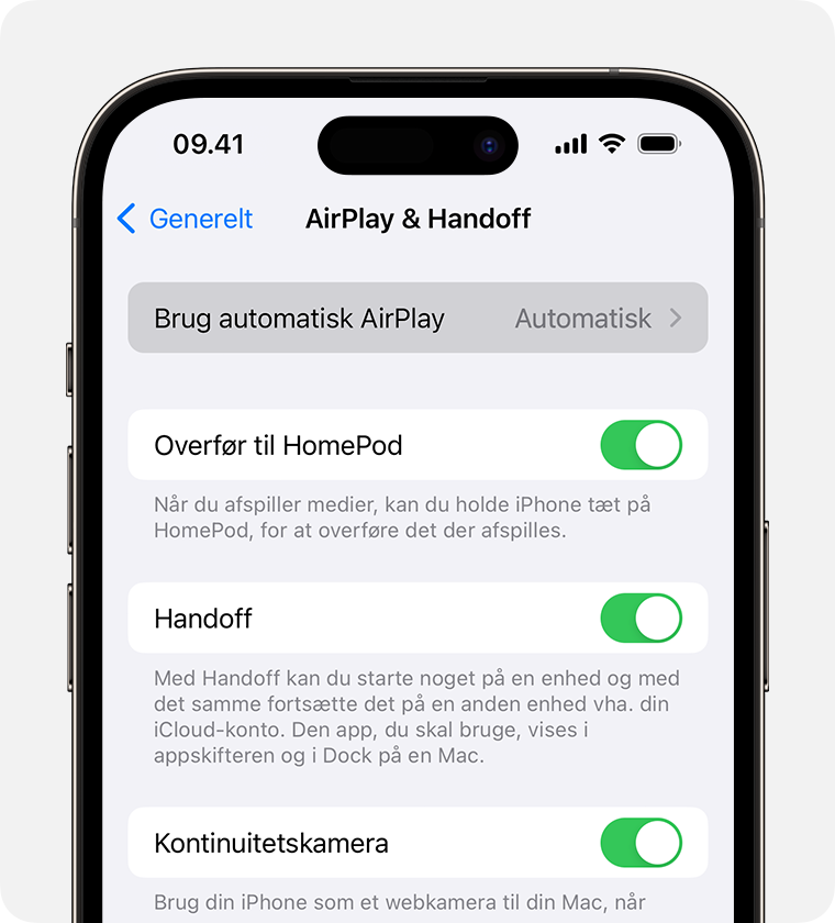 Automatisk er valgt til Brug automatisk AirPlay på skærmen AirPlay & Handoff på iPhone