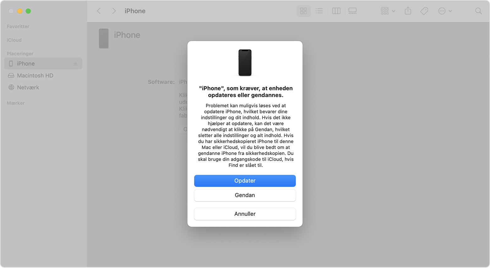 Et Finder-vindue på en Mac, der viser mulighederne for at gendanne eller opdatere din iPhone