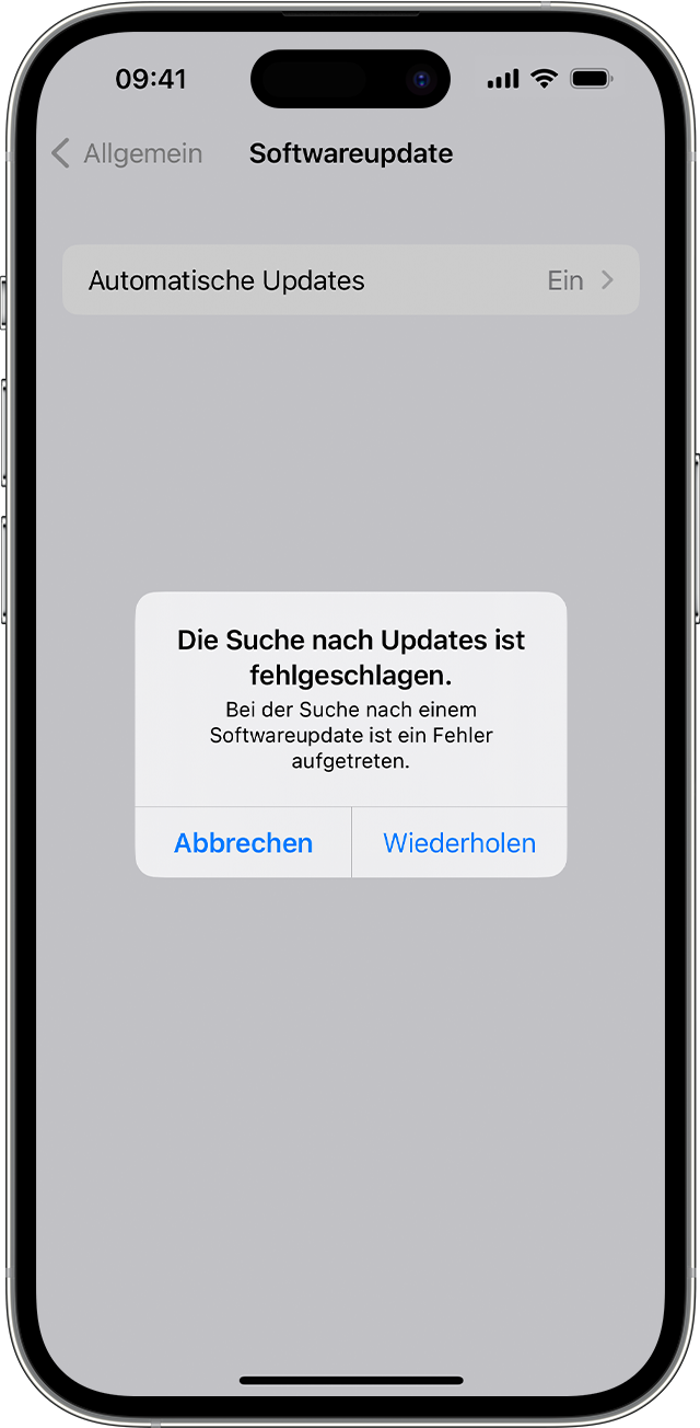 Ein iPhone mit der Warnmeldung „Die Suche nach Updates ist fehlgeschlagen“