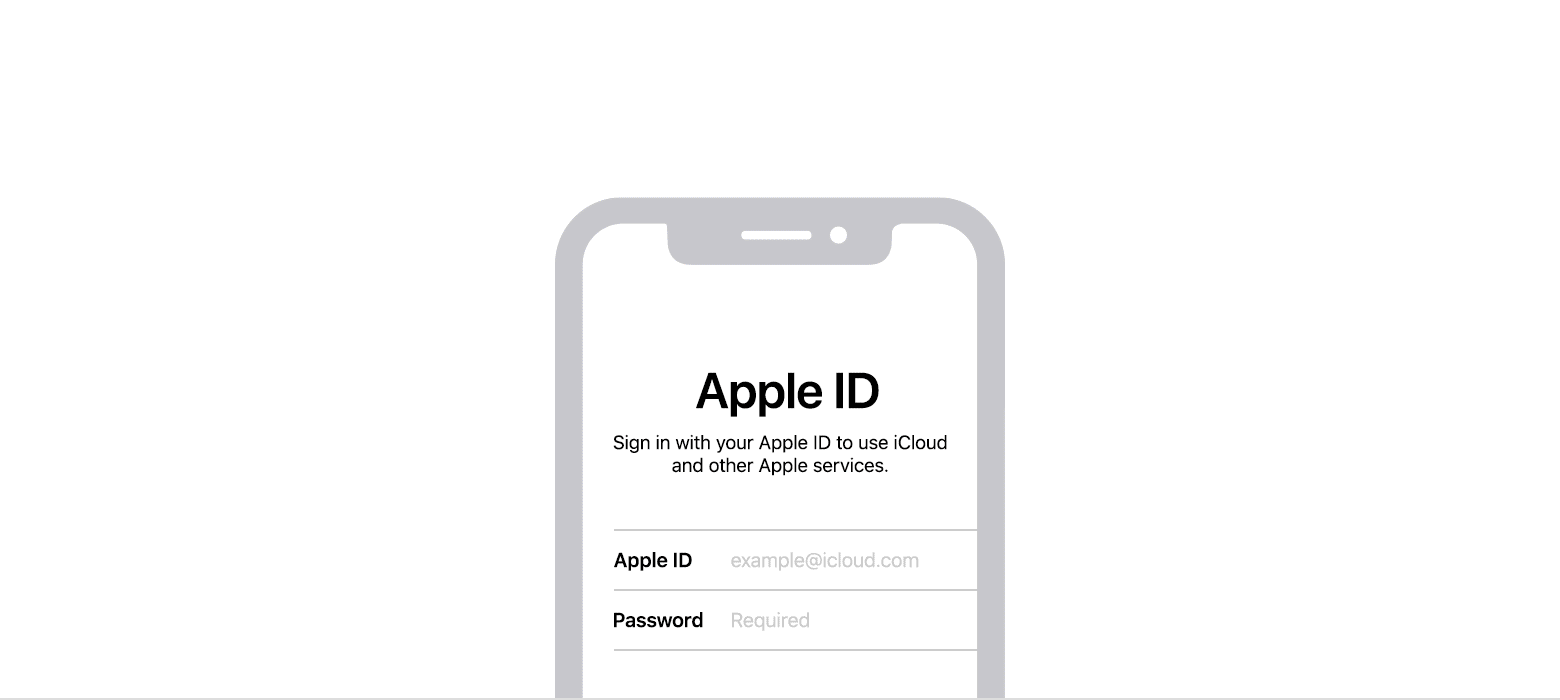Plik GIF pokazujący Johna Appleseeda logującego się do swojego konta Apple ID na ilustracji telefonu iPhone. Ikony usług Zdjęcia w iCloud, App Store, FaceTime, Wiadomości, iTunes i iCloud otaczające grafikę telefonu iPhone.