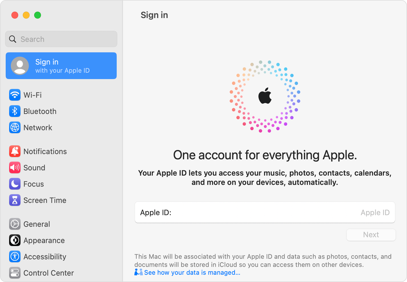 На Mac влезте в своя Apple ID в System Settings (Системни настройки)