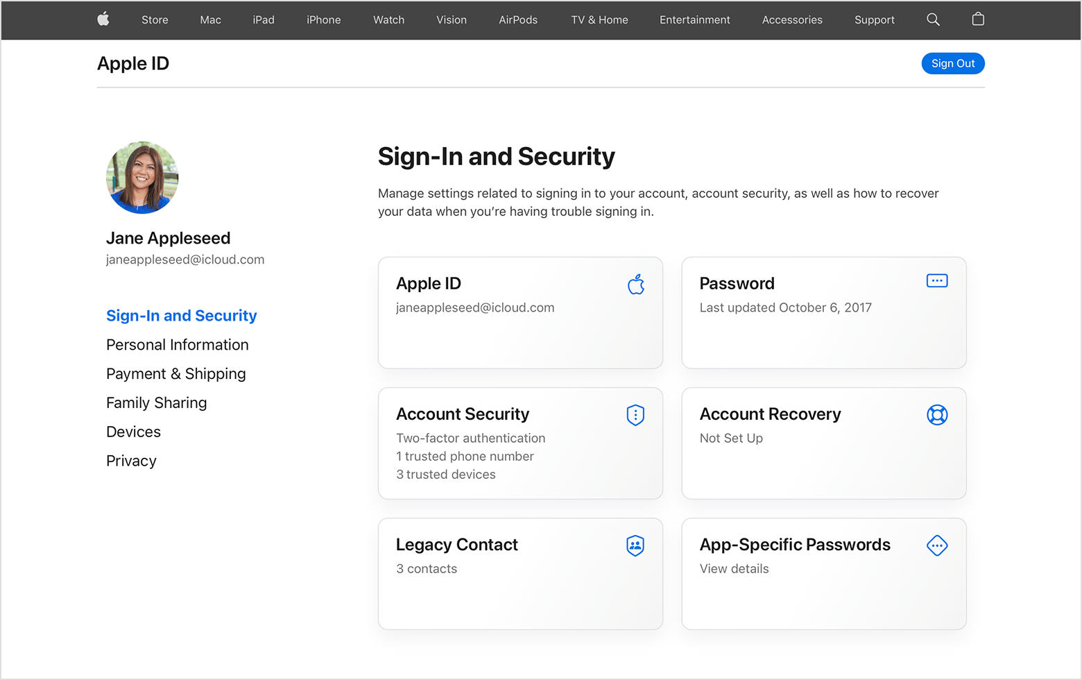 Screen showing how to change Apple ID password on web