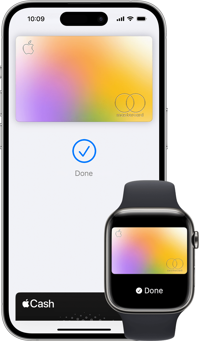 Un iPhone și un Apple Watch care afișează o plată finalizată cu Apple Pay