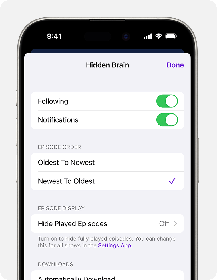 On an iPhone, the settings screen for a specific podcast.  The first option is a Following toggle, then a Notifications toggle. After those, there are the Episode Order options. The first is Oldest To Newest, and the second is Newest to Oldest, which is selected.