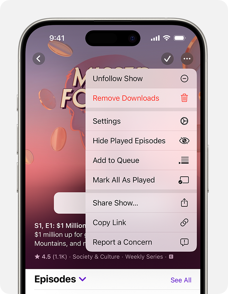 Sur un iPhone, le menu Plus s’affiche sur un podcast après avoir appuyé sur le bouton Plus en haut à droite de l’écran. Le bouton Plus se présente sous la forme d’un cercle avec des points de suspension. La première option du menu Plus est Ne plus suivre ce podcast.