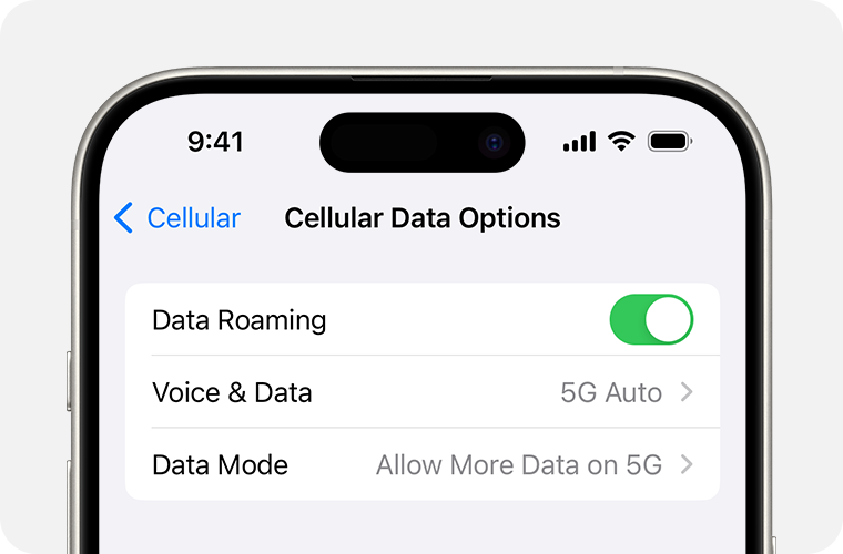 Parte superior de la pantalla de un iPhone que muestra los ajustes de datos móviles