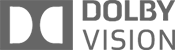Dolby Vision badge. A gray rectangle with two white semi circles with the rounded sided facing each other inside of it. To the right says Dolby Vision in all caps, and Dolby is on top of Vision.