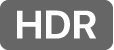 Symbole HDR. Un rectangle gris aux coins arrondis et contenant les lettres HDR en majuscules blanches.
