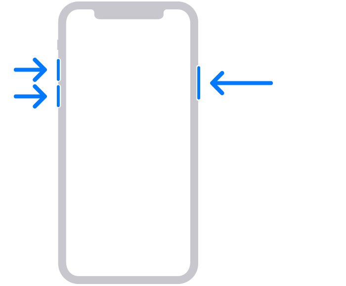 iPhone のアニメーション。矢印が音量を上げるボタンを指し、続いて音量を下げるボタン、サイドボタンを指し示しています。