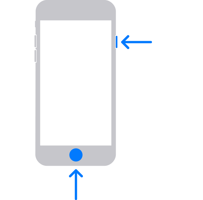 iPhone, jossa nuolet osoittavat Koti-painiketta ja yläpainiketta (tai sivupainiketta)