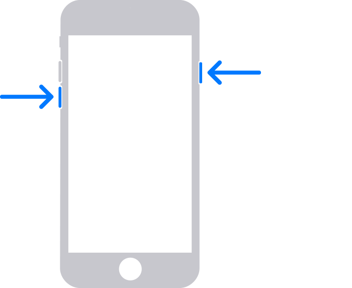 iPhone の音量を下げるボタンとトップ (またはサイド) ボタンを矢印が指し示している図。
