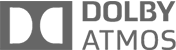 Dolby Atmos badge. A gray rectangle with two white semi circles with the rounded sided facing each other inside of it. To the right says Dolby Atmos in all caps, and Dolby is on top of Atmos.