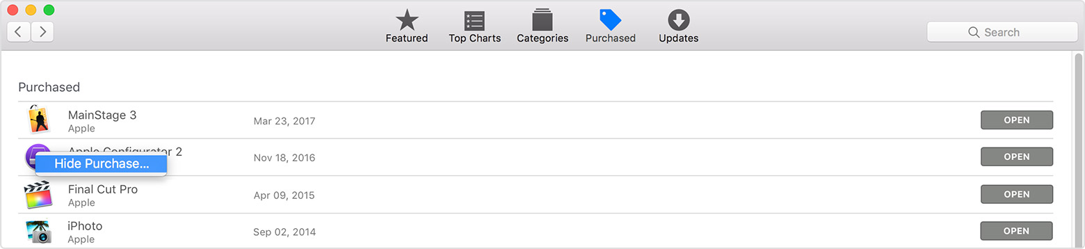 Hide and unhide iTunes Store, App Store, or iBooks Store purchases