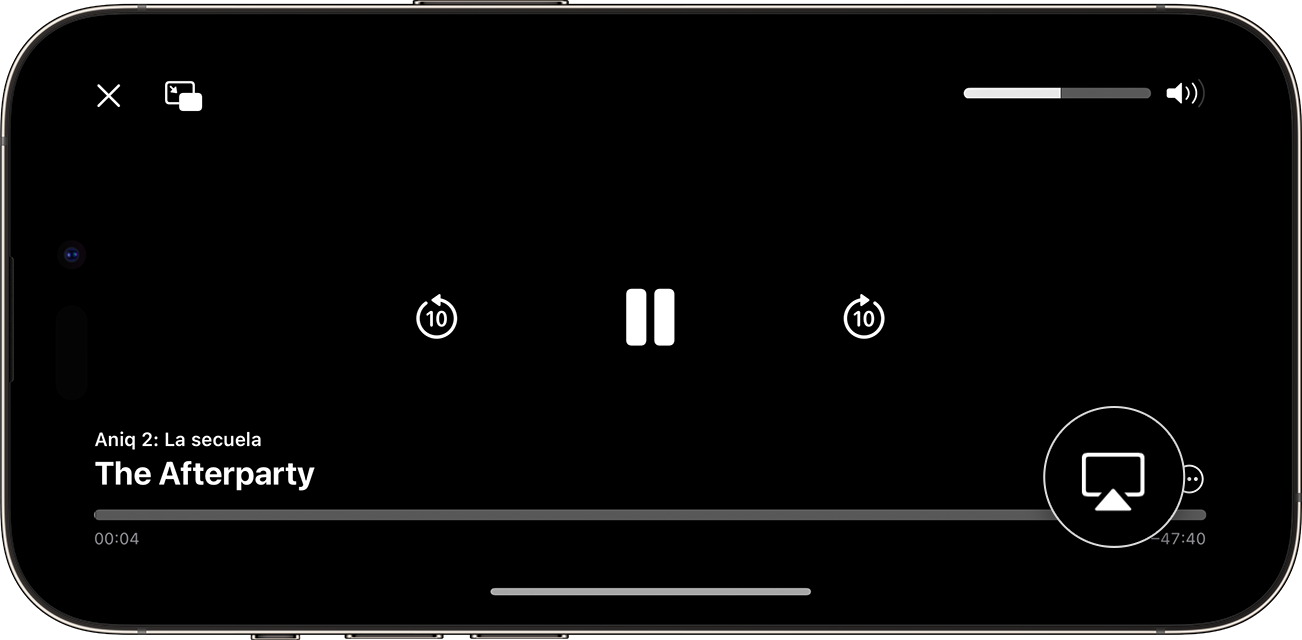 Botón AirPlay resaltado en la esquina inferior derecha de la pantalla del iPhone durante la reproducción de vídeo
