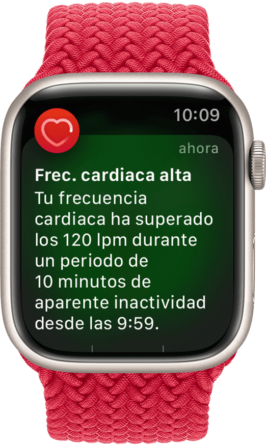 Un Apple Watch que muestra una notificación de frecuencia cardiaca alta