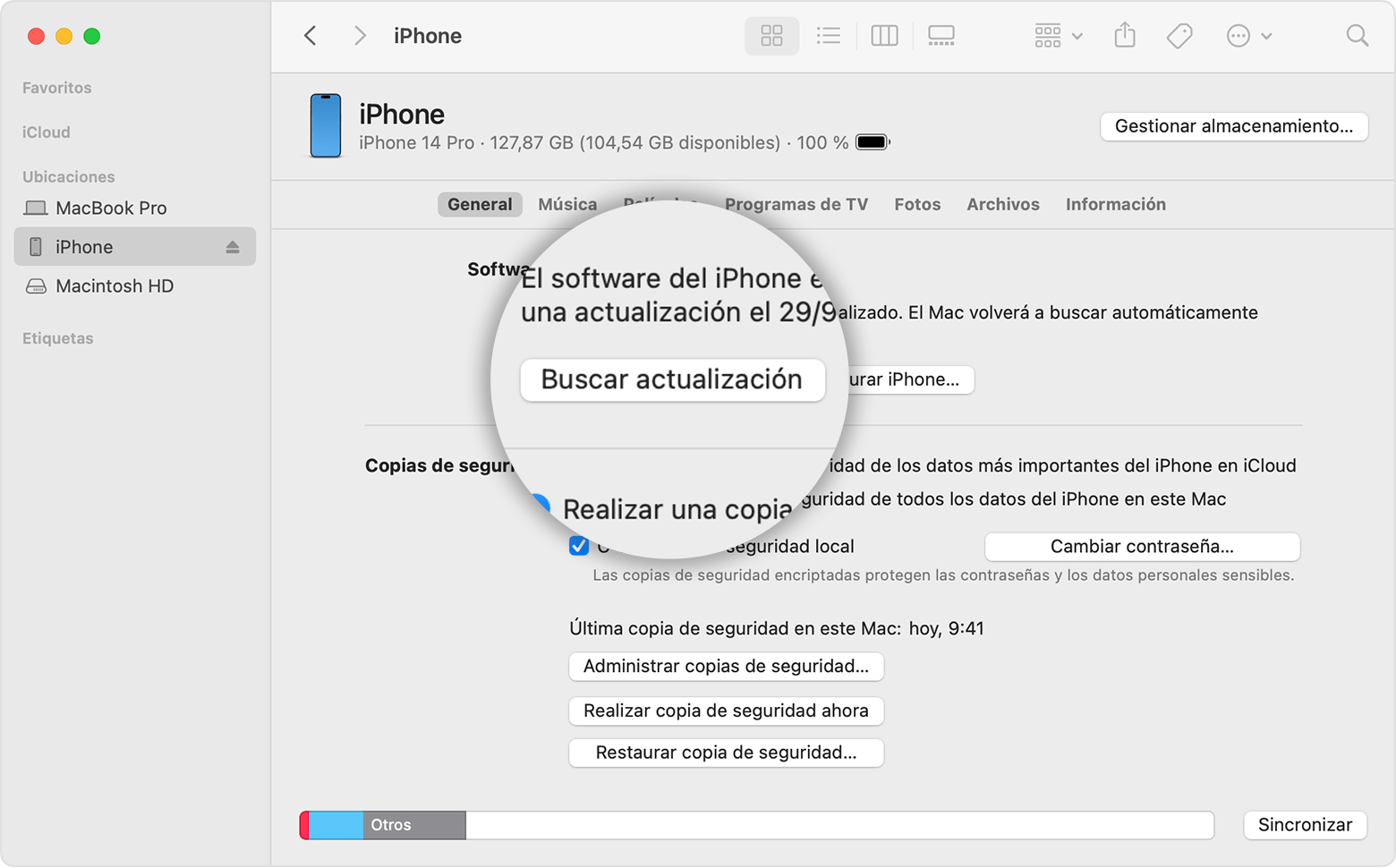 Una pantalla de Mac que muestra cómo usar Finder para comprobar el almacenamiento en tu dispositivo iOS
