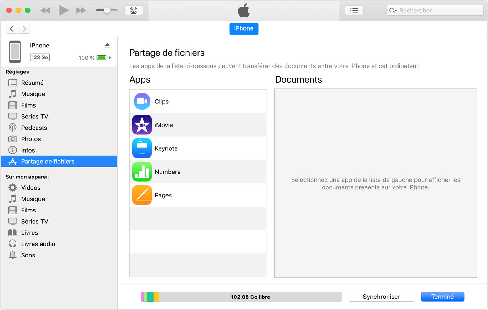 Fenêtre iTunes avec un iPhone connecté et partage de fichiers sélectionné dans la liste