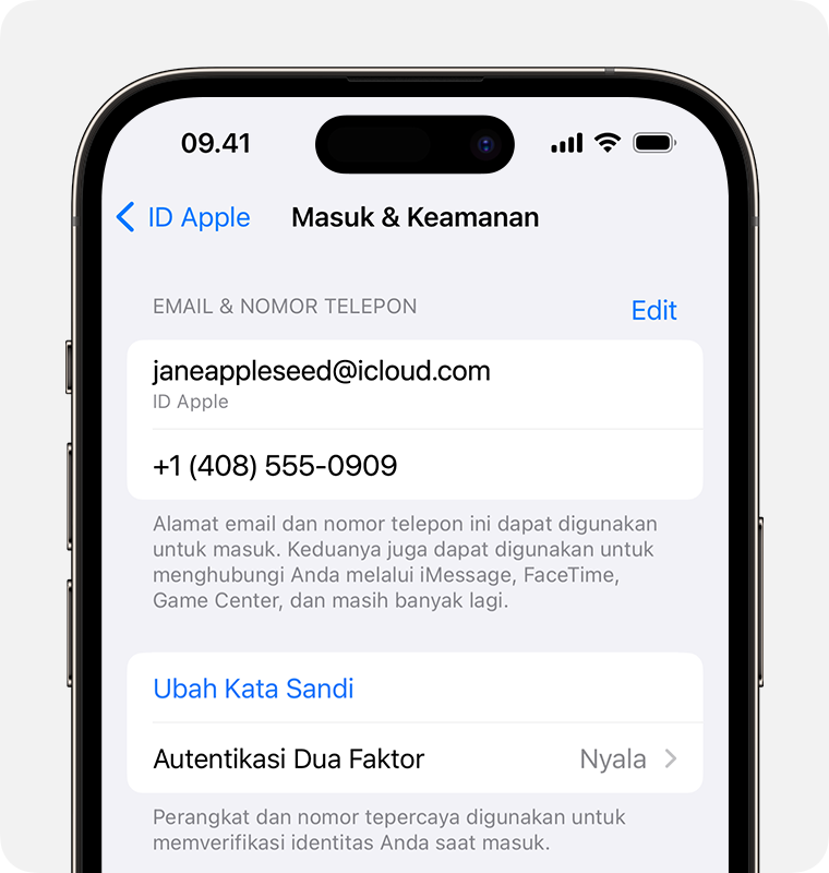 Pada pengaturan ID Apple, temukan alamat email dan nomor telepon yang dapat digunakan untuk masuk ke ID Apple.