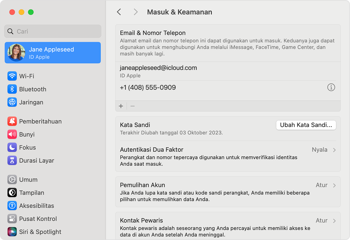 Layar Mac menampilkan cara mengubah kata sandi ID Apple