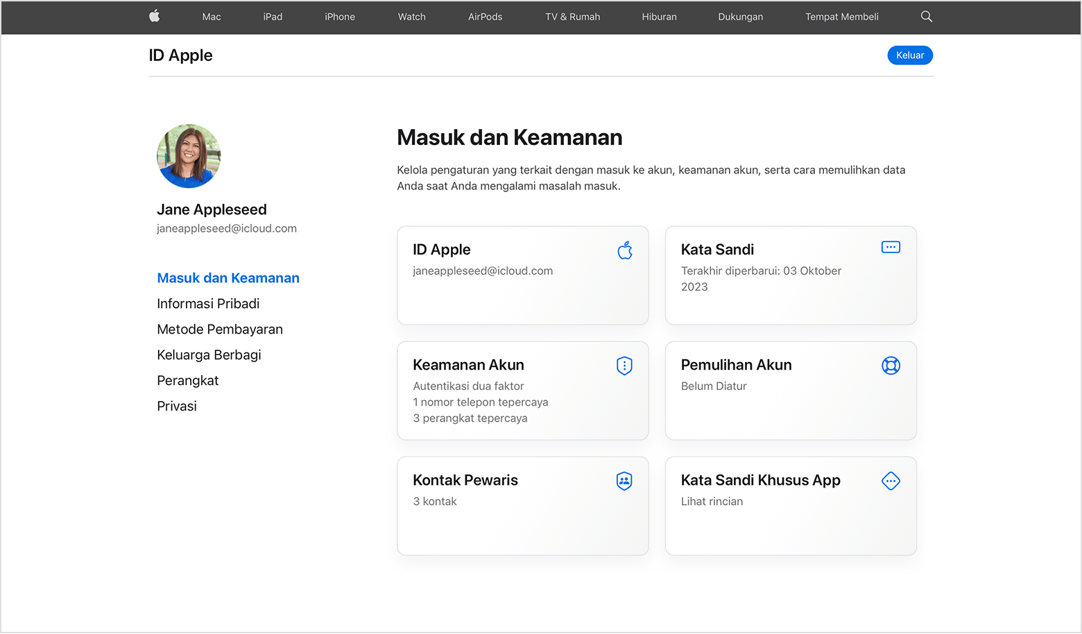 Layar menampilkan cara mengubah kata sandi ID Apple di web