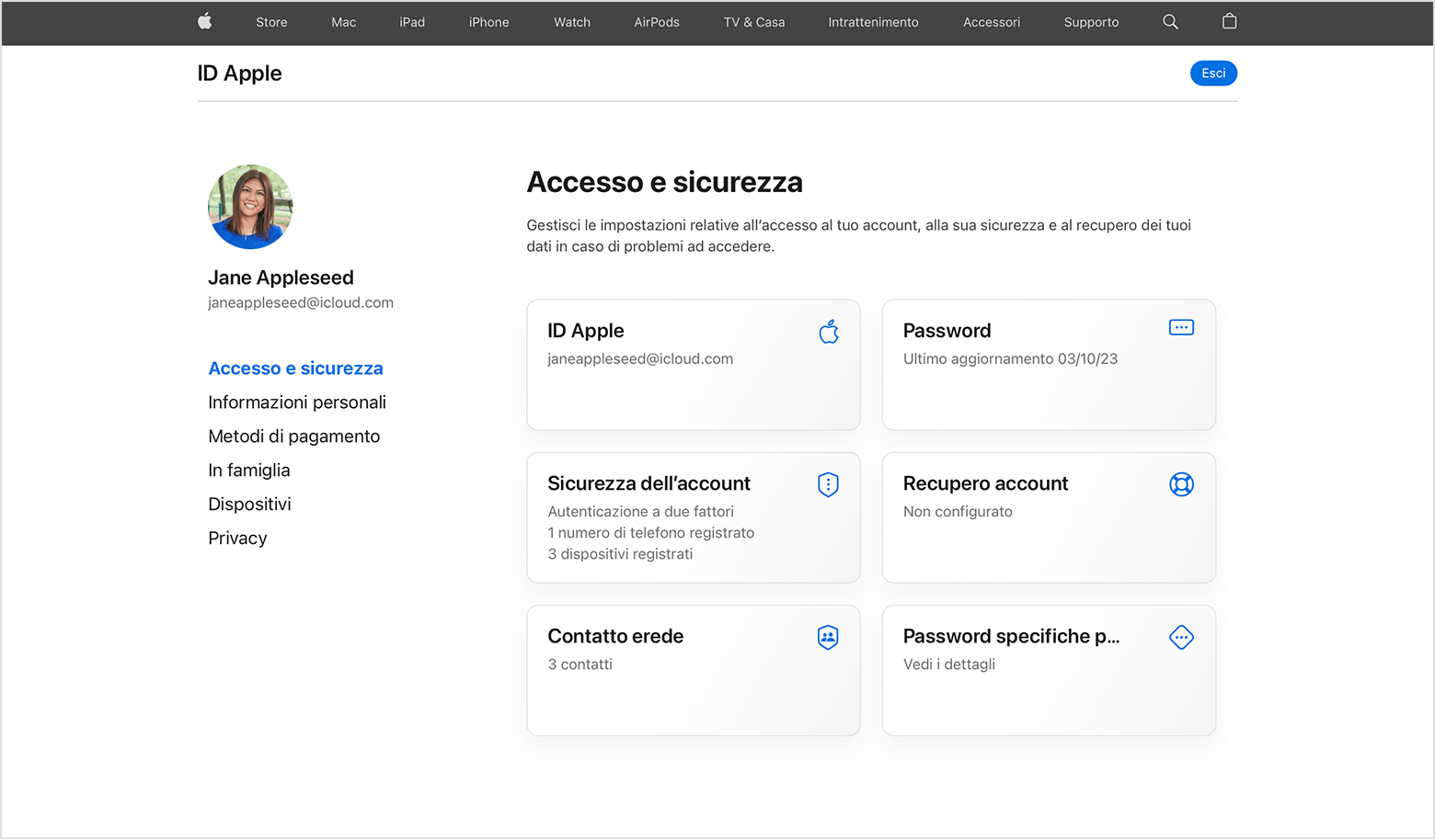Schermata che mostra come cambiare la password dell'ID Apple sul web