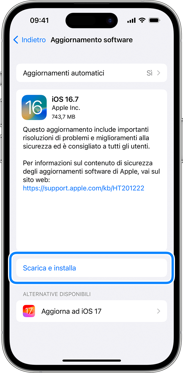 Un iPhone che mostra l'opzione per scaricare e installare l'aggiornamento
