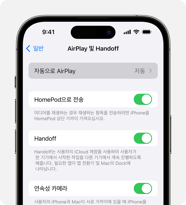 iPhone의 AirPlay 및 Handoff 화면에서 '자동으로 AirPlay'에 '자동'이 선택되어 있음