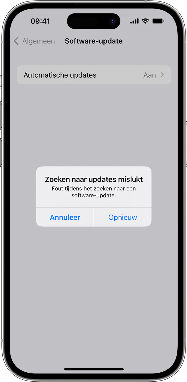 Een iPhone met de waarschuwing 'Zoeken naar updates mislukt