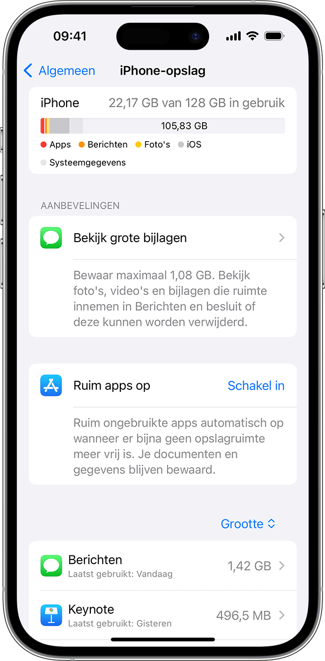 Een iPhone-scherm met aanbevelingen om ruimte vrij te maken op je apparaat